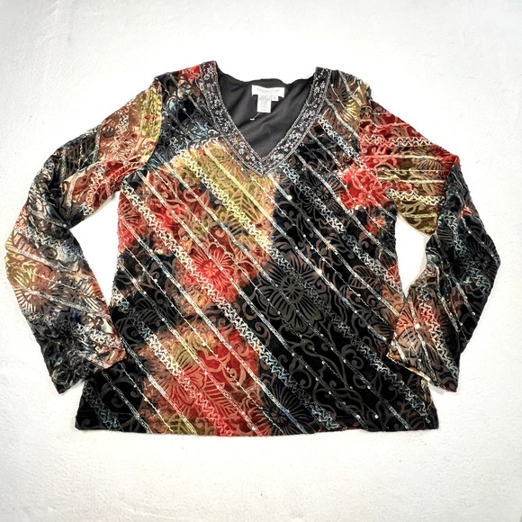 Coldwater Creek Velvet Burnout Sequin Top Multicolor Size M Festival Blouse Boho - Picture 2 of 8
